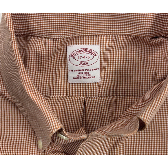 Brooks Brothers 346 Polo Shirt Men’s 17 - 4/5 Red White Check Non-Iron Cotton - Picture 3 of 8